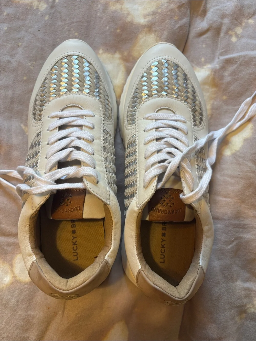 Women's Beige Lace-Up Sneakers with Iridescent Woven Detail